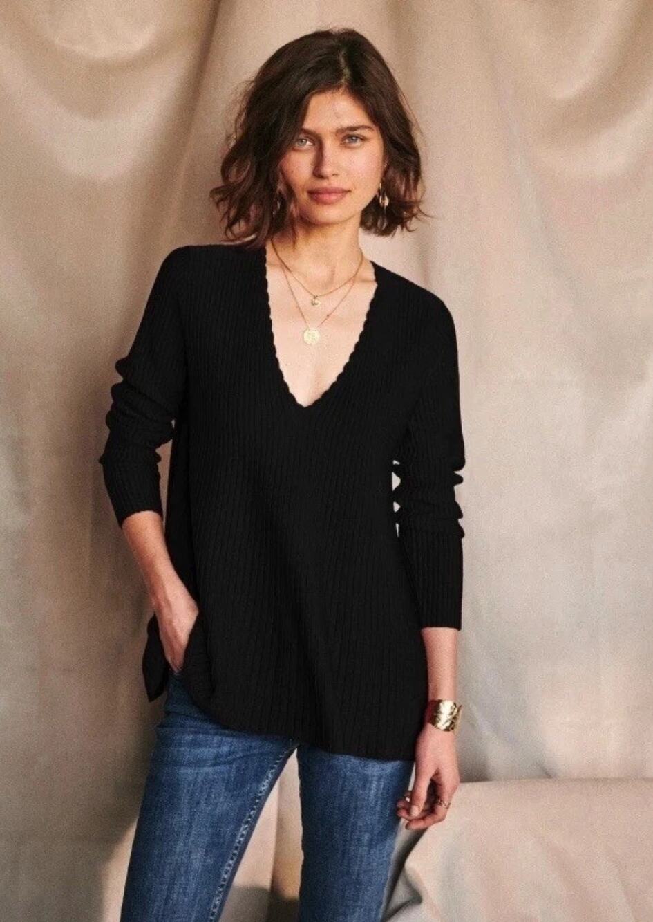NWT Sezane Ernestine Black Ribbed V Neck Pullover Jumper Sweater Size Medium